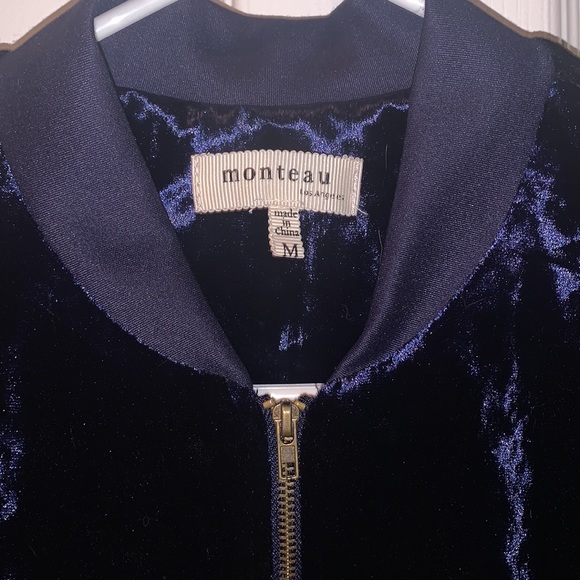 Monteau Medium shiny dark blue crushed velvet zipper sweater in a bomber jacket - Picture 2 of 3